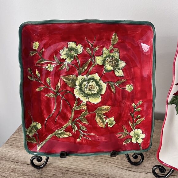 Red Poinsettia Floral Platters/Trays/Plates 8.75" Square Christmas & Stands - Picture 3 of 5